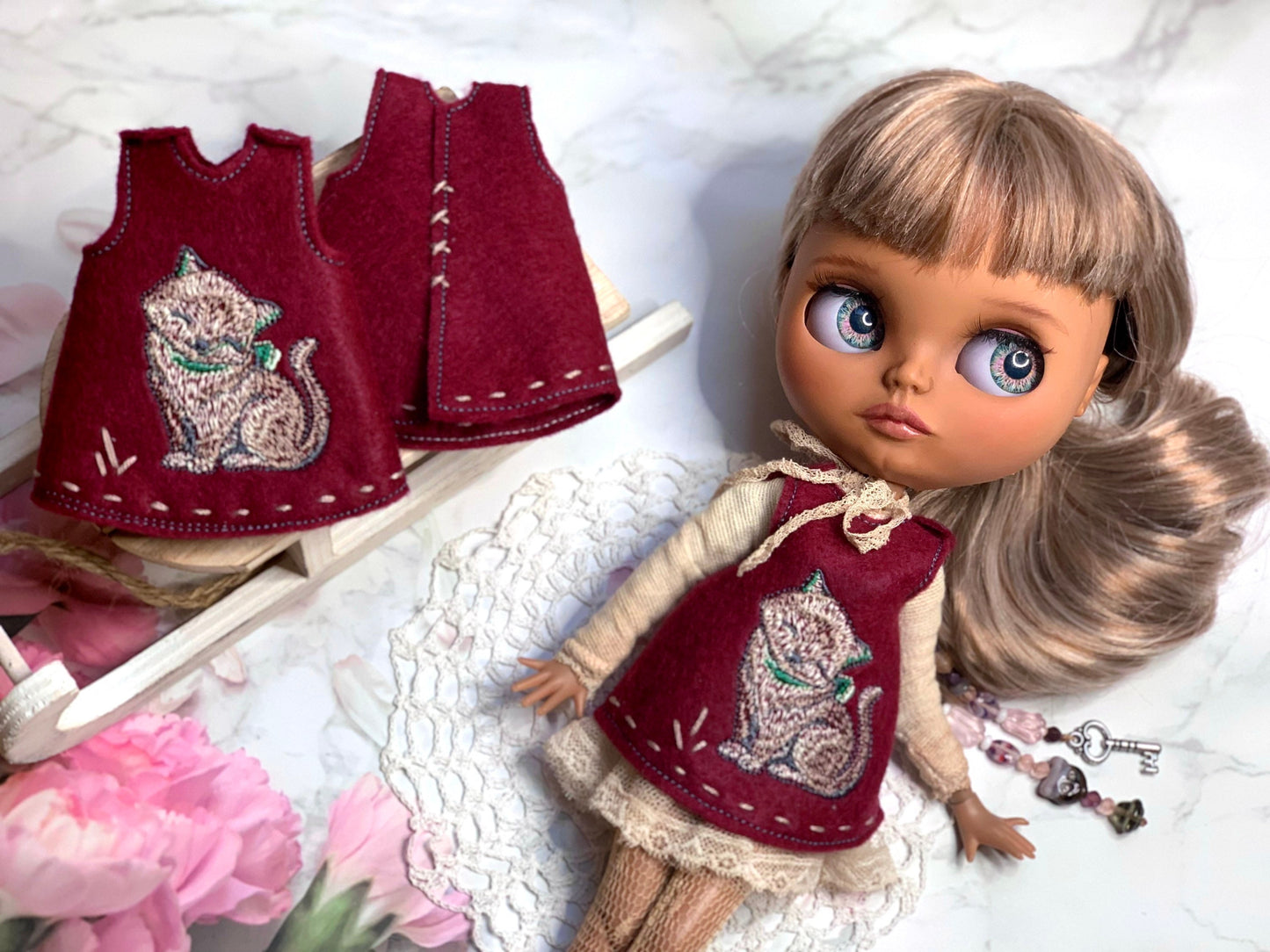 Dress for Blythe Doll 1/6 doll dress with embroidery. Vintage-style underdress. Outfit in burgundy red.