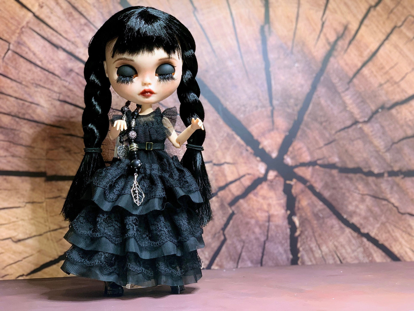 Black Wednesday Ball Gown for Blythe Doll 30 cm Doll Dress. Dress for Wednesday doll with belt