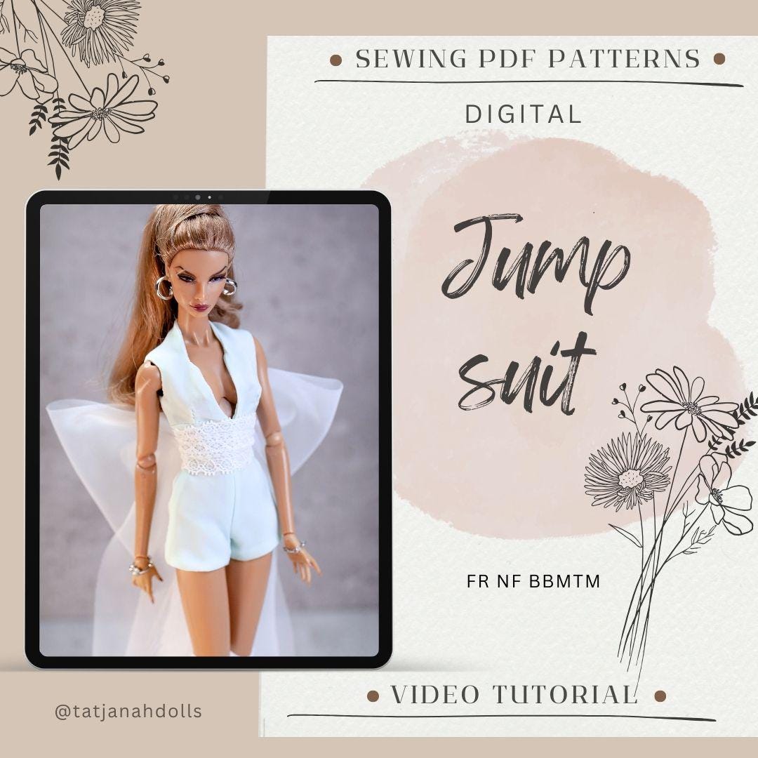PDF Digital Pattern jumpsuit overall for BBMTM & Integrity toys dolls. VIDEO tutorial.