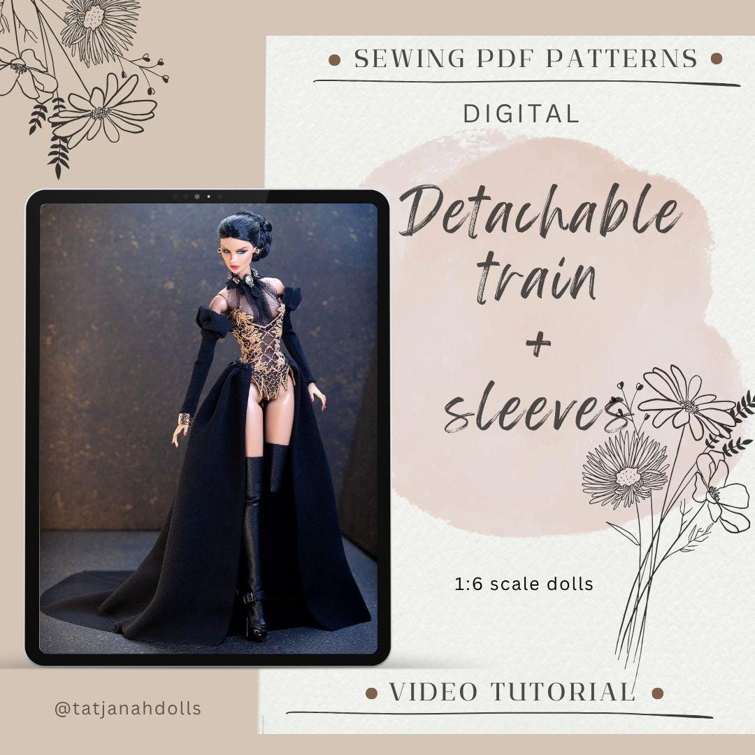 PDF Digital Pattern detachable train and puff sleeves for Fashion Royalty, Nu Face, Poppy Parker, BB 1:6 fashion dolls. + Video tutorial