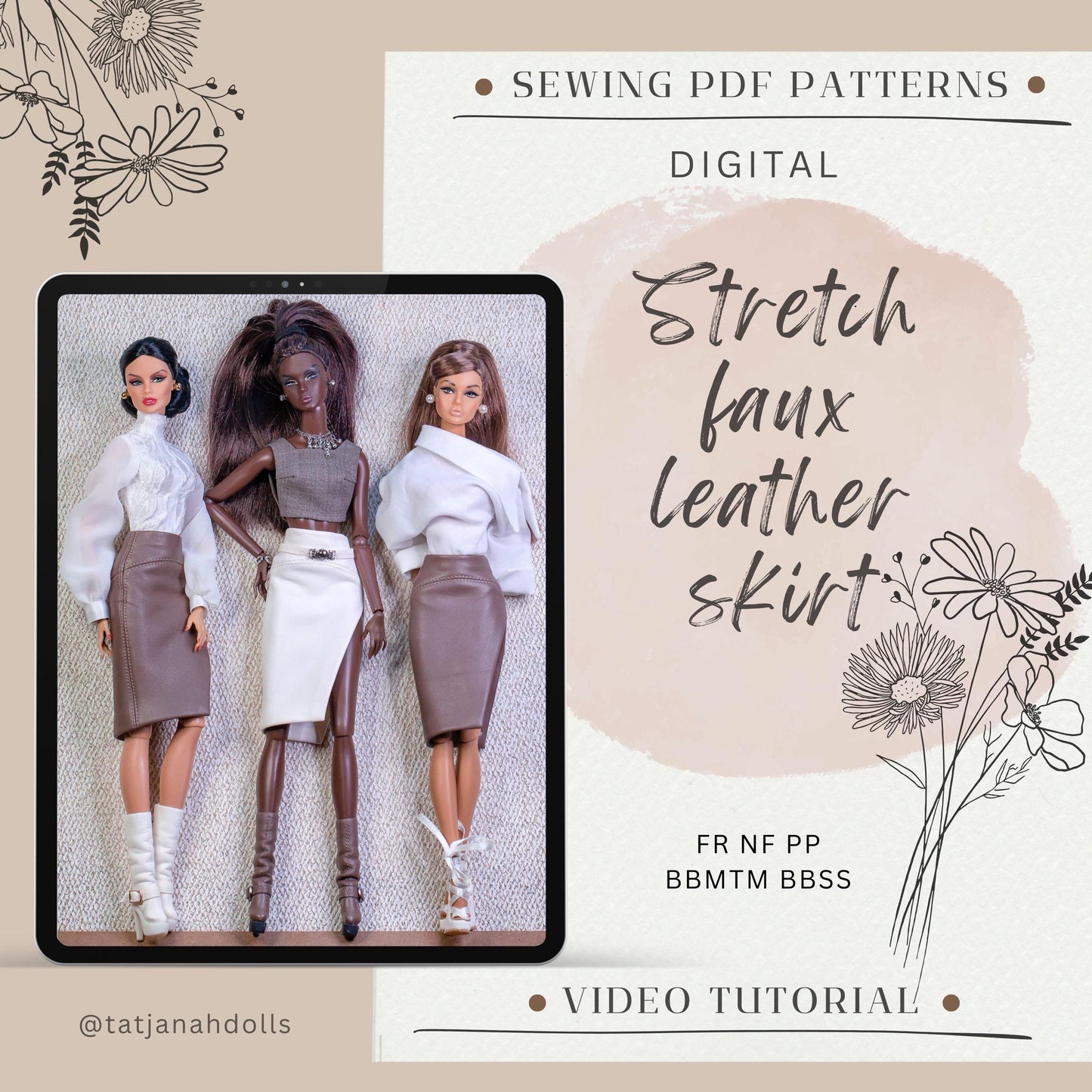 PDF Digital Pattern stretch leather skirt for Fashion Royalty Nu Face BBMTM / SS dolls Integrity toys + video tutorial