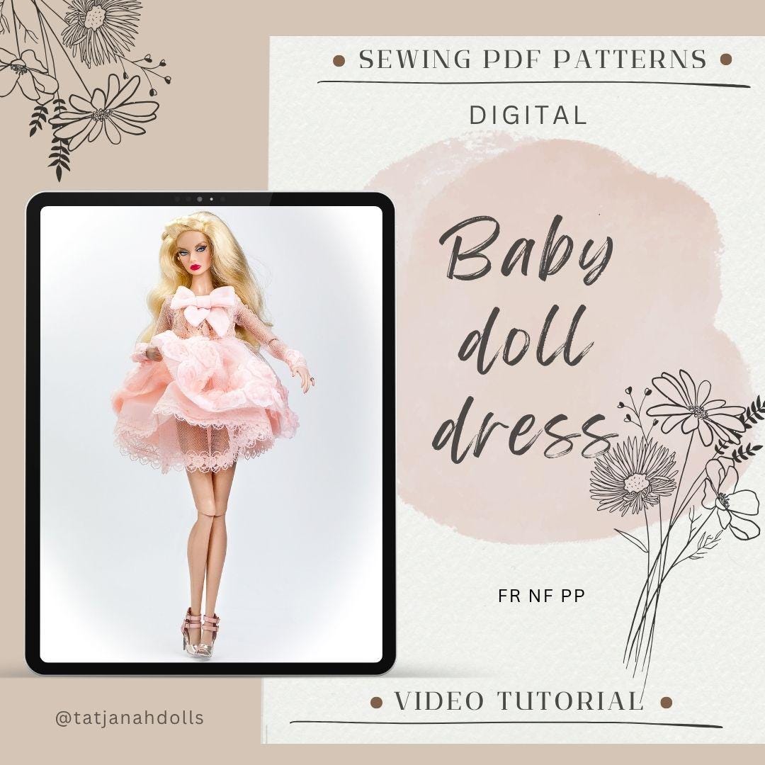 PDF Digital Pattern Babydoll dress for Fashion Royalty Nu Face Poppy Parker doll Integrity toys. VIDEO tutorial.