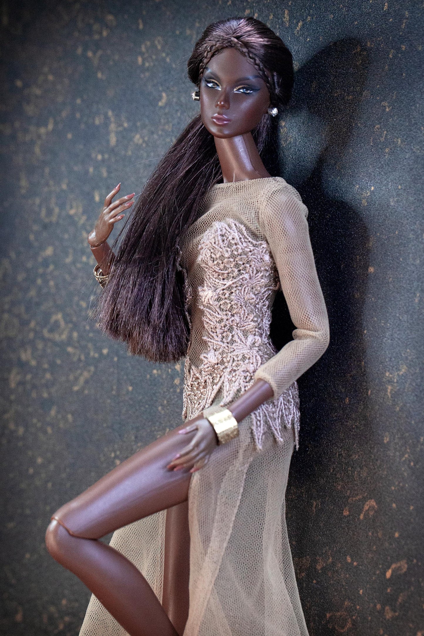Illusion naked nude dress with embroidery in black or beige for Fashion Royalty/ Nu Face Integrity Toys dolls – scale 1:6