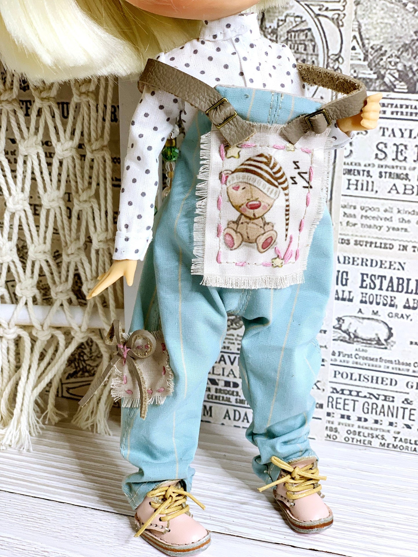 Blythe Outfit: Dungarees, Bib Pants, and Shirt for Dolls. Clothes for 30 cm Dolls