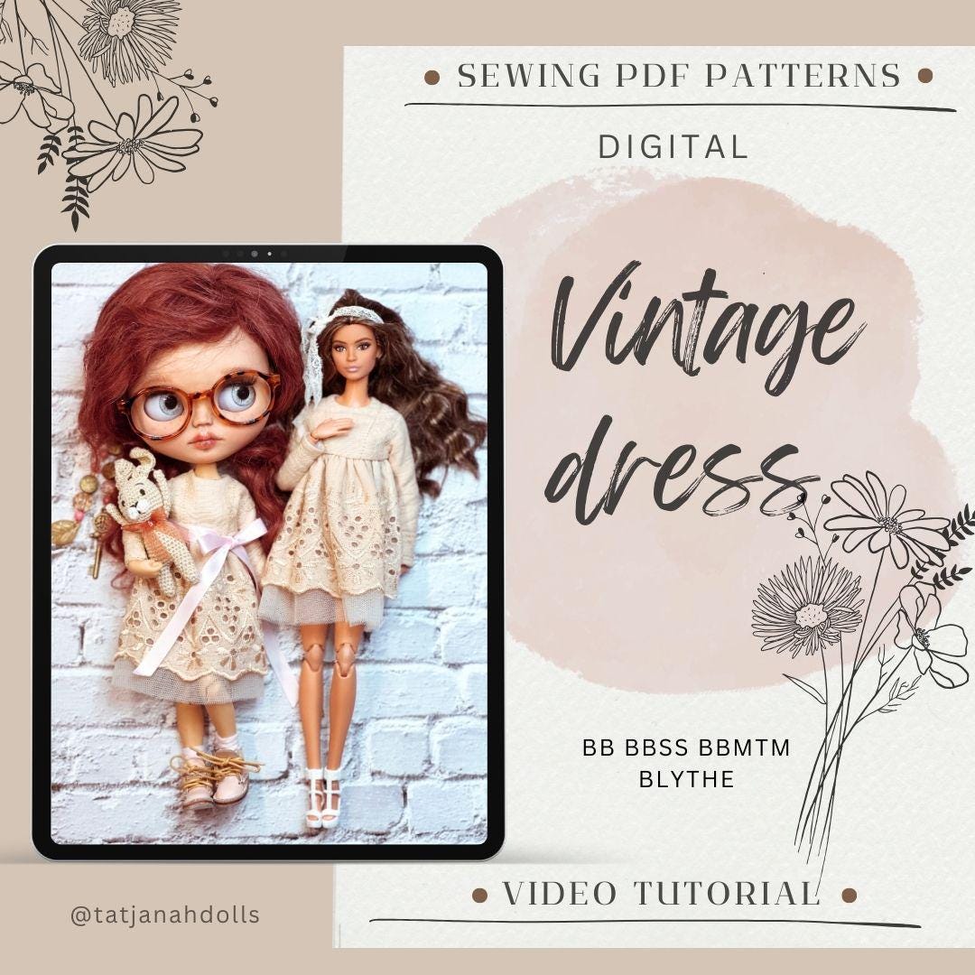 PDF Digital Pattern vintage dress for BB and Blythe dolls. Youtube VIDEO