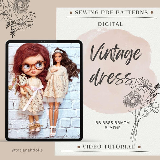 PDF Digital Pattern vintage dress for BB and Blythe dolls. Youtube VIDEO