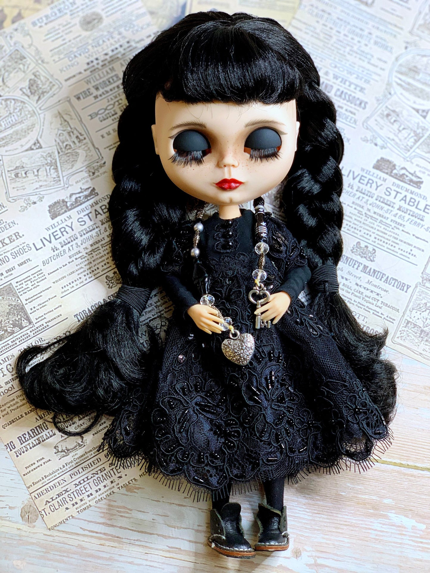 Black ball gown for Blythe Doll. 30 cm doll dress with pearls. Dress for Wednesday doll.