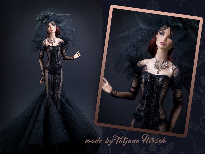 Black evening dress for Integrity toys Fashion Royalty Nu Face Poppy Parker dolls.