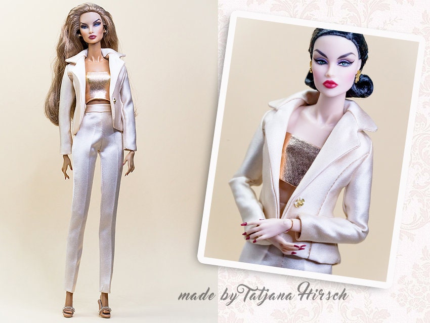 PDF Digital Pattern Satin suit blazer, pants with pockets for Fashion Royalty Nu Face doll Integrity toys. VIDEO tutorial.