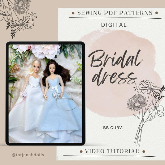 PDF Digital Pattern bridal dress, ball gown dress for BB Curv. dolls. Video tutorial.