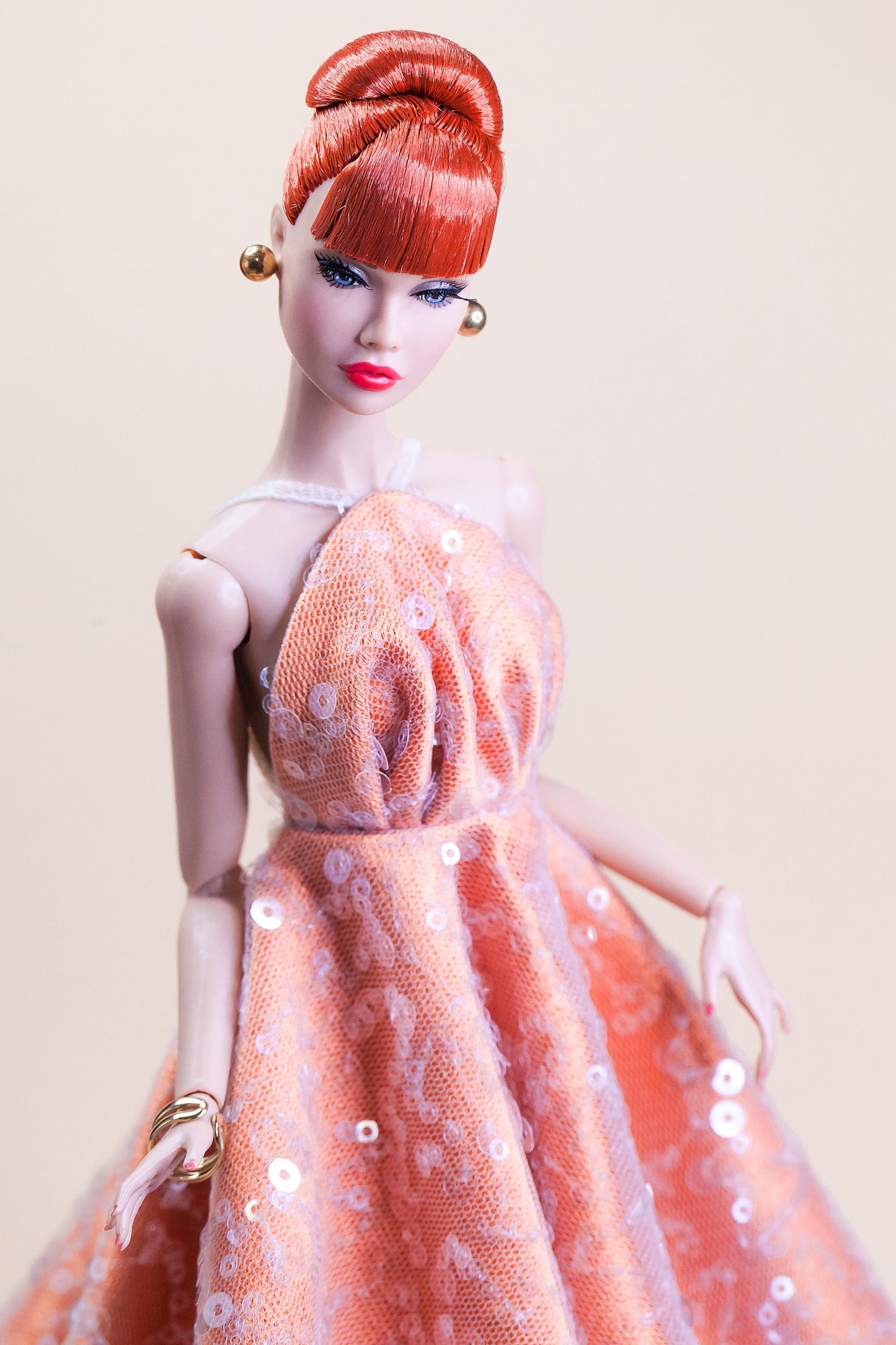 Peach glitter dress for Integrity toys Fashion Royalty Nu Face Poppy Parker dolls.