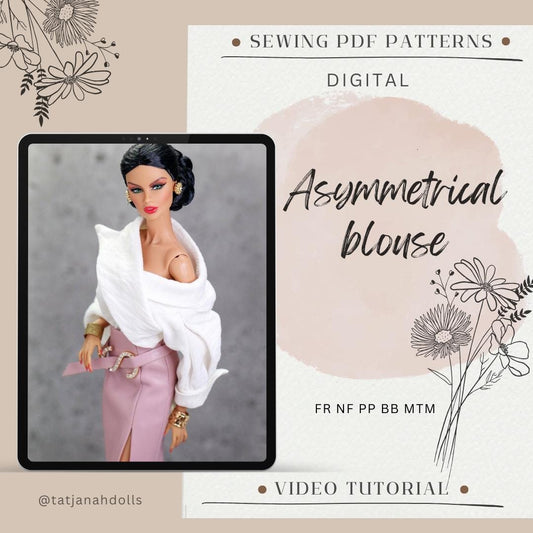 PDF Digital Pattern asymmetrical blouse Fashion Royalty Nu Face Poppy Parker BB MTM dolls + tutorial