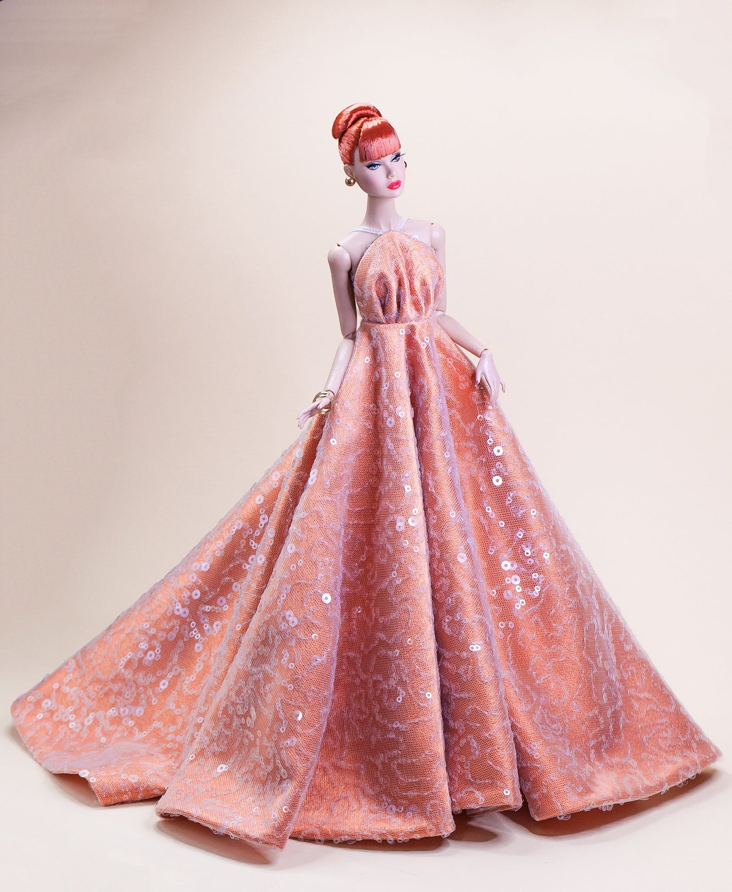Peach glitter dress for Integrity toys Fashion Royalty Nu Face Poppy Parker dolls.