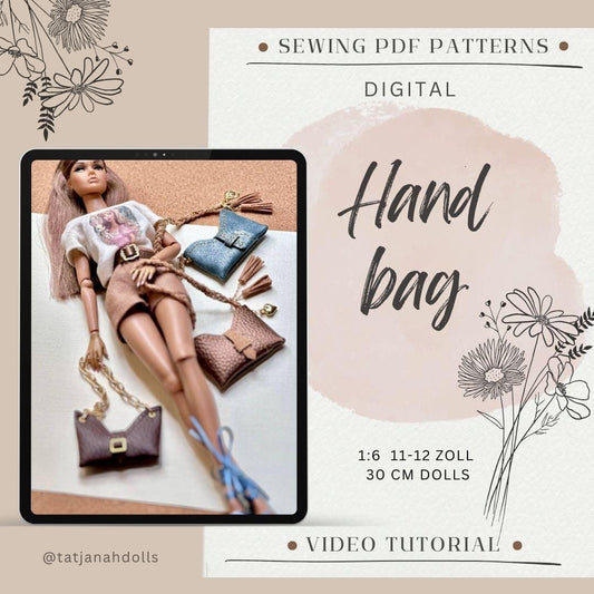 PDF Digital Pattern hand bag for 1:6 dolls, BB, Blythe Integrity toys. VIDEO tutorial.