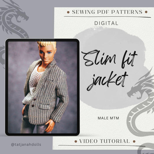 PDF Digital Pattern slim fit jacket coat for 1:6 12" male MTM fashion doll. Video tutorial.