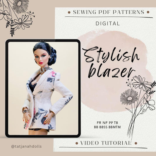 PDF Digital Pattern stylish blazer jacket for BB dolls &amp; Integrity toys dolls. VIDEO tutorial.