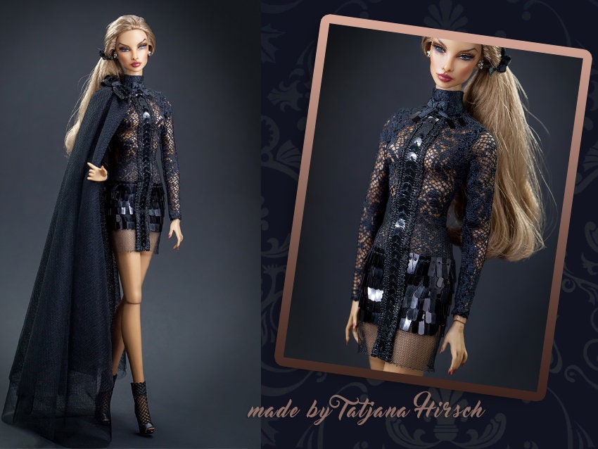 Mini dress with lace train black for Integrity Toys Poppy Parker Nu Face Fashion Royalty dolls