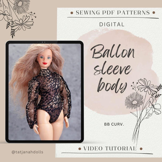 PDF Digital Pattern balloon sleeve body for BB Curve 12 inch fashion doll. Youtube VIDEO tutorial.