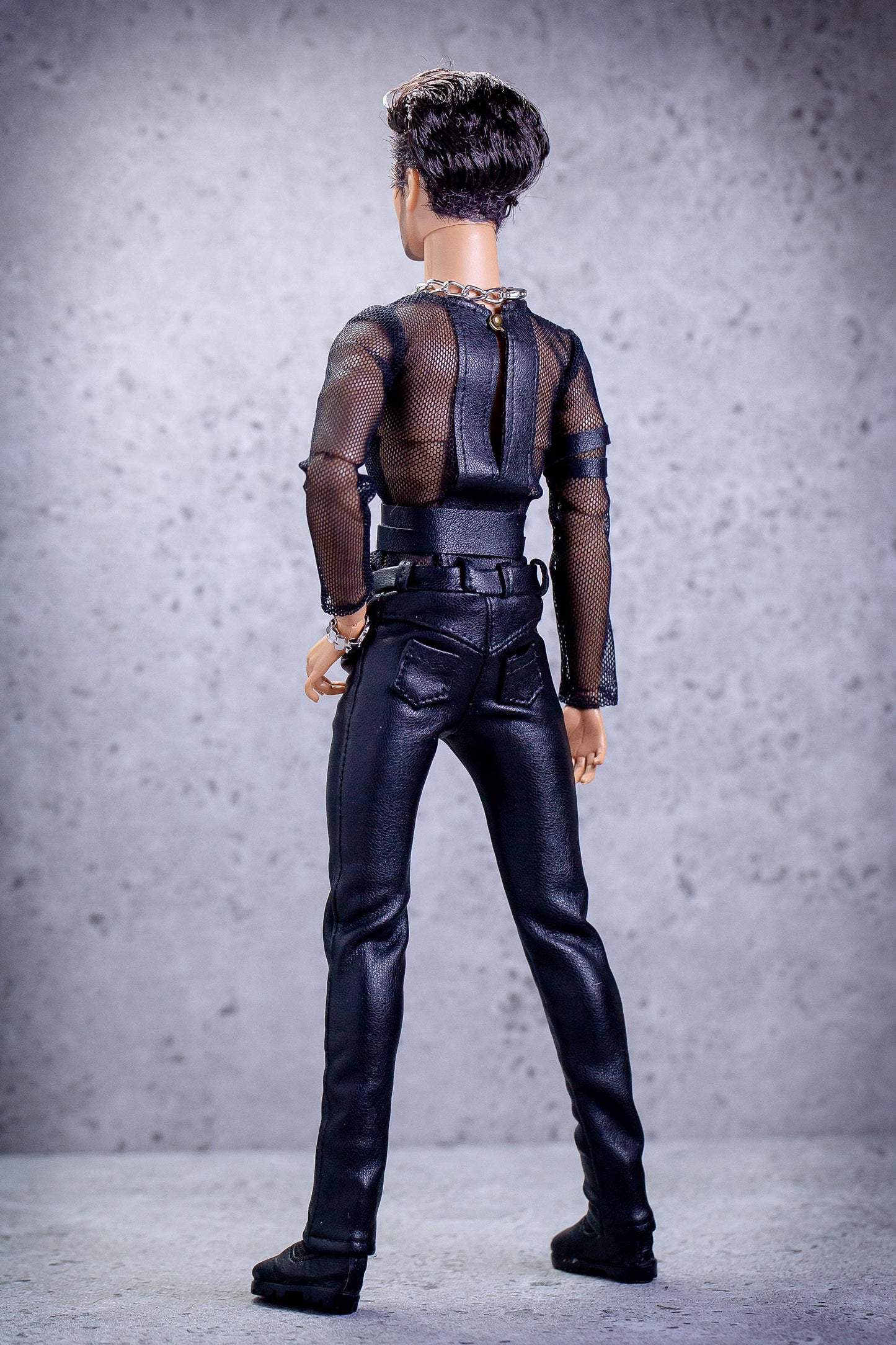 Leather outfit for FR Homme Integrity Toys male doll. Black pants and long-sleeved shirt.