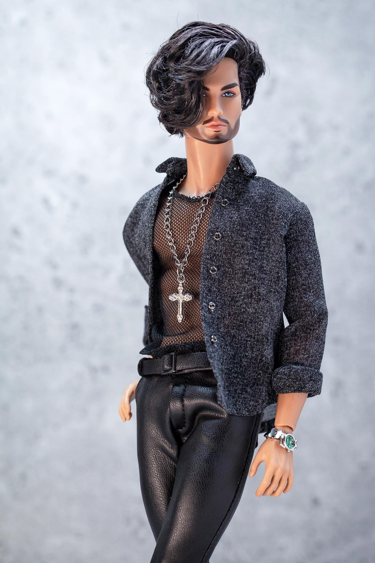 Leather outfit for FR Homme Integrity Toys male doll. Pants, mesh top, and shirt.