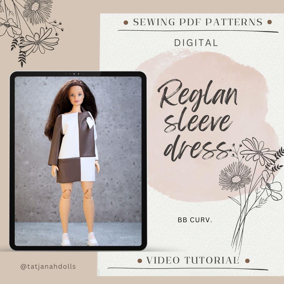 PDF Digital Pattern reglan sleeve dress dress for BB MTM Curv. dolls. Video tutorial.