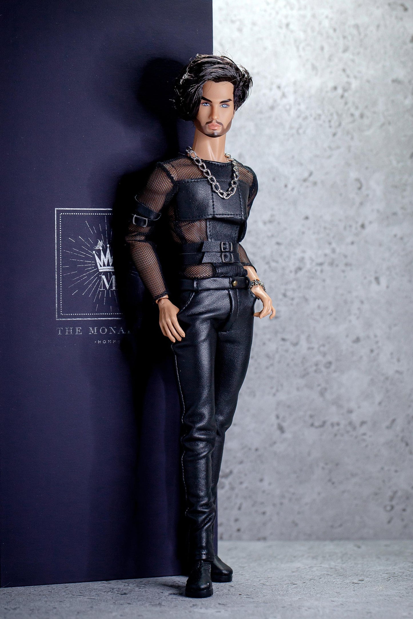 Leather outfit for FR Homme Integrity Toys male doll. Black pants and long-sleeved shirt.