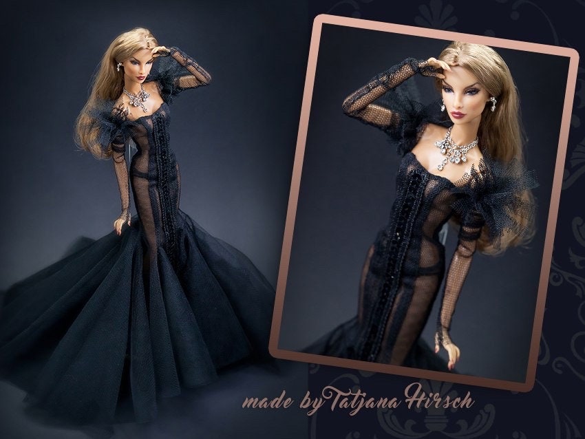 Black evening dress for Integrity toys Fashion Royalty Nu Face Poppy Parker dolls.