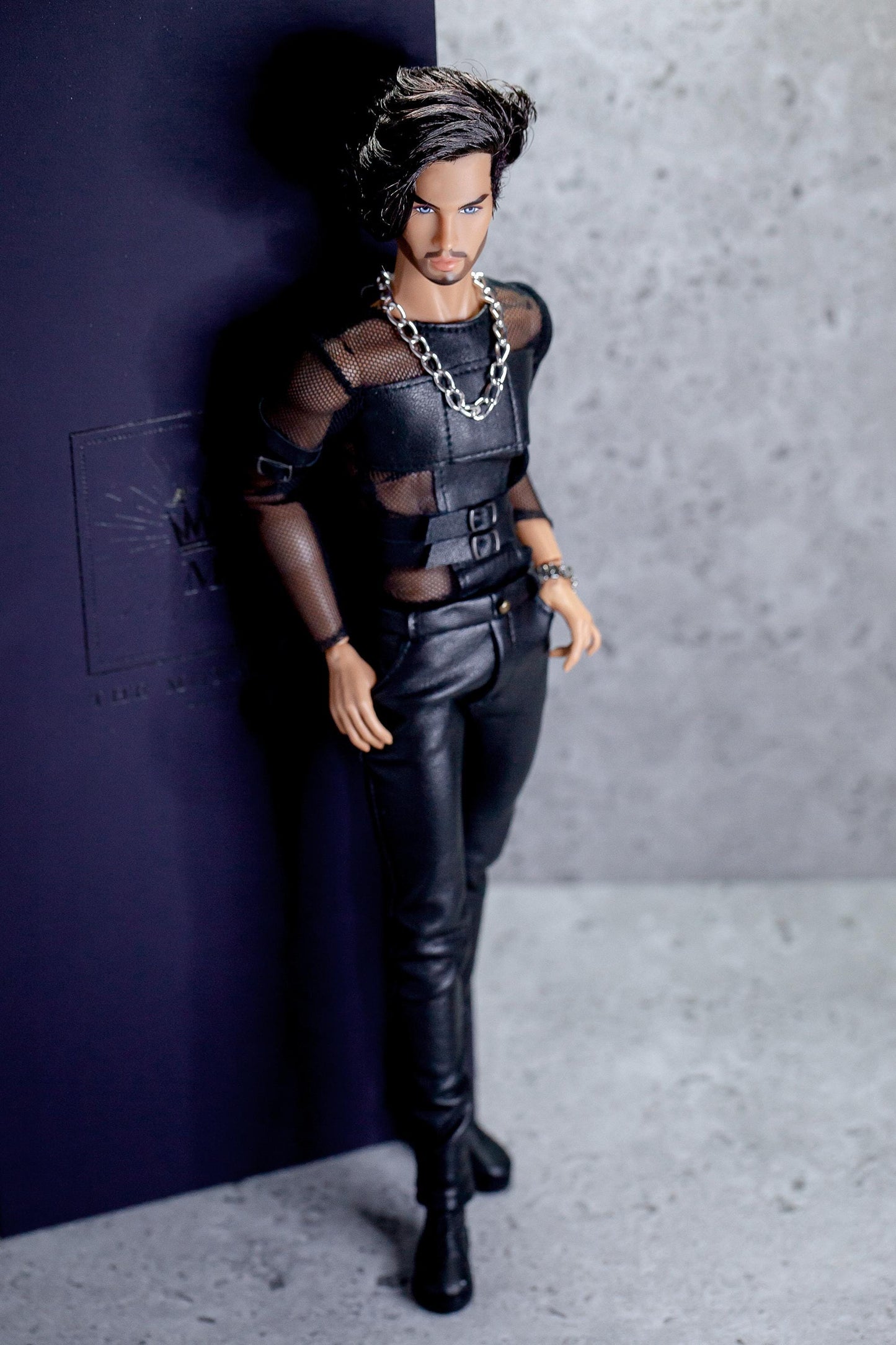 Leather outfit for FR Homme Integrity Toys male doll. Black pants and long-sleeved shirt.