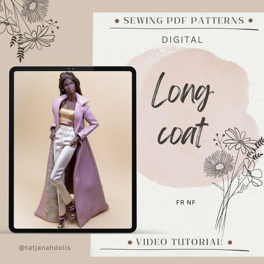 PDF Digital Pattern long coat for Fashion Royalty Nu Face doll Integrity toys. YouTube VIDEO tutorial.