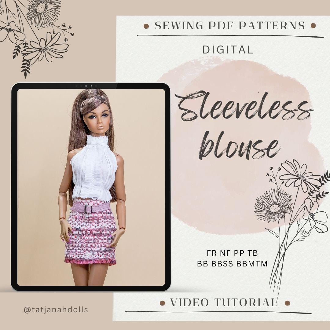 PDF Digital Pattern top blouse for Fashion Royalty Nu Face Integrity toys and BB dolls. Tik Tok VIDEO tutorial.