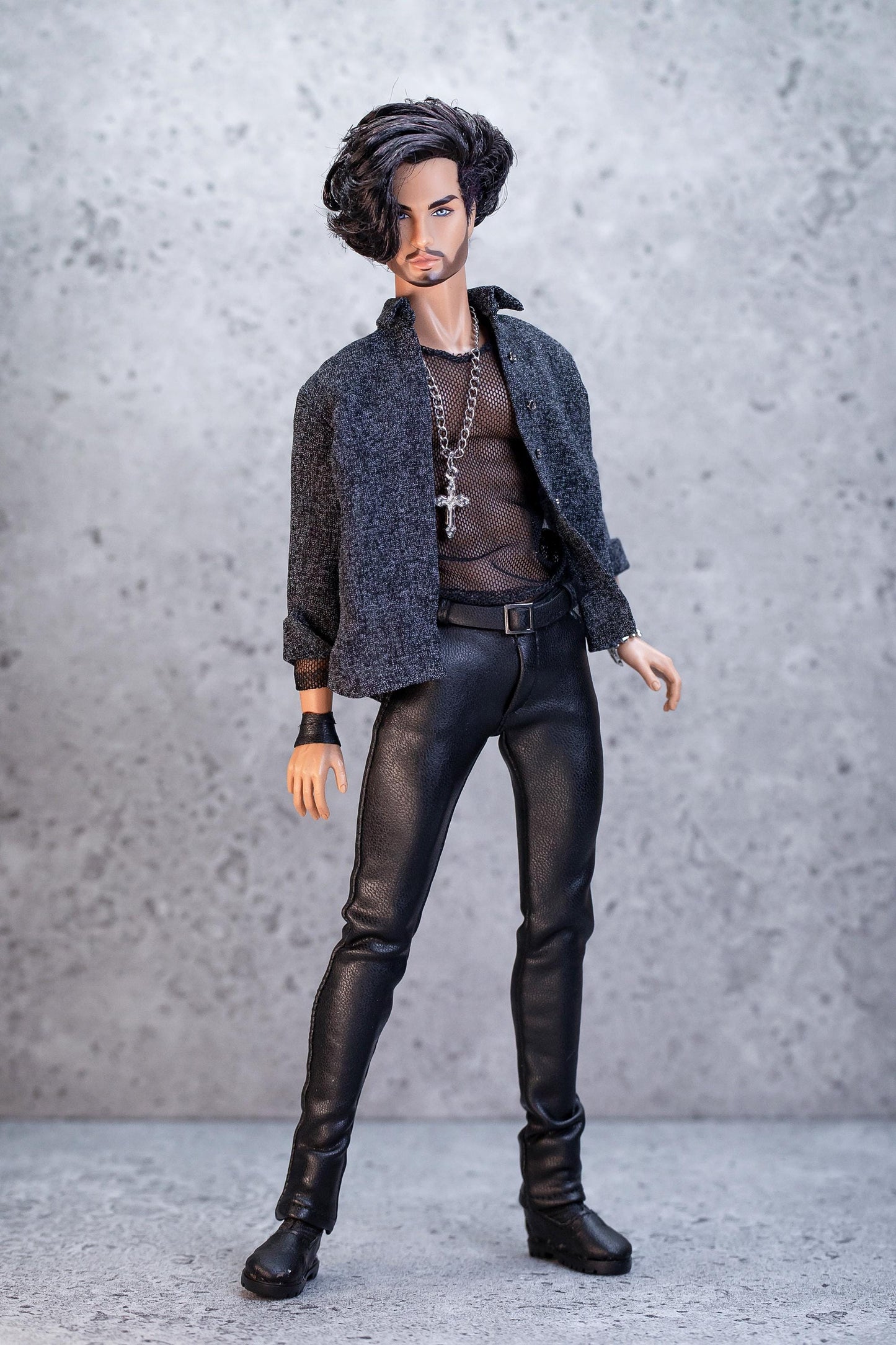 Leather outfit for FR Homme Integrity Toys male doll. Pants, mesh top, and shirt.