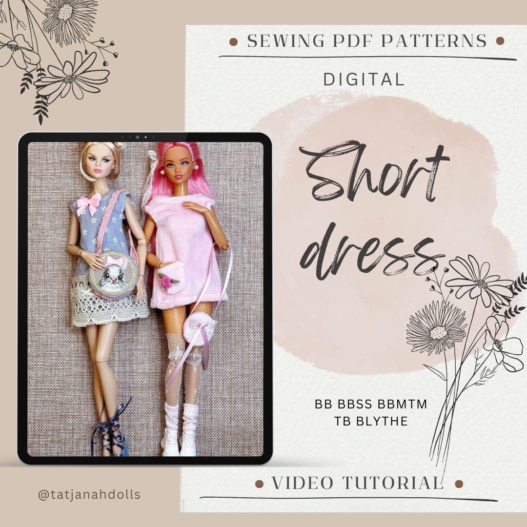 PDF Digital Pattern short dress for BB, Poppy Parker, Tulabelle and Blythe dolls. Video tutorial.