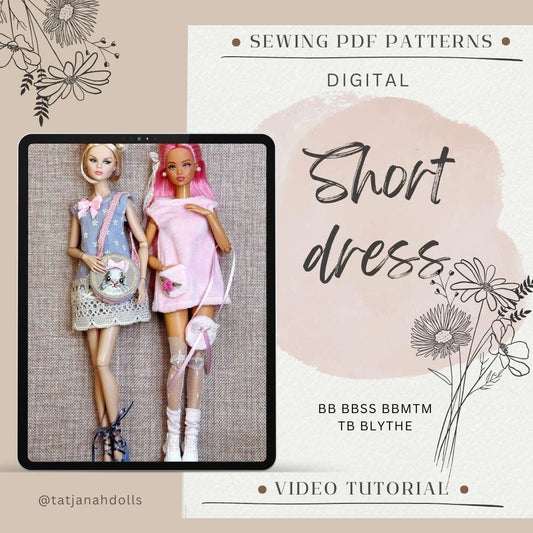 PDF Digital Pattern short dress for BB, Poppy Parker, Tulabelle and Blythe dolls. Video tutorial.