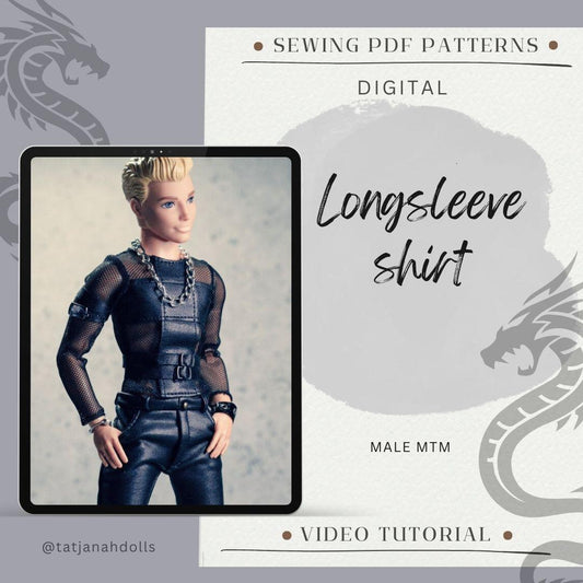 PDF Digital Pattern longsleeve shirt for 1:6 12" male MTM fashion doll. Video tutorial.
