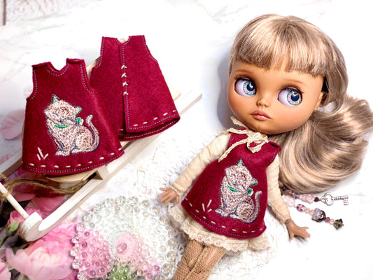 Dress for Blythe Doll 1/6 doll dress with embroidery. Vintage-style underdress. Outfit in burgundy red.
