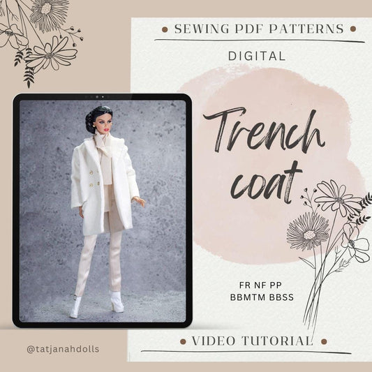 PDF Digital Pattern trench coat for BB &amp; Integrity toys 1:6 dolls. VIDEO tutorial instructions.