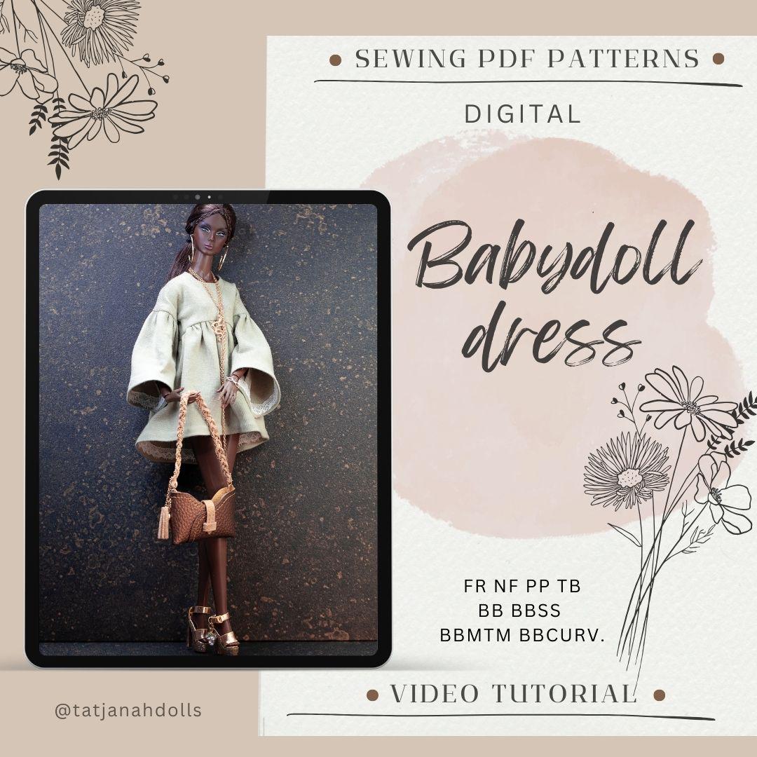 PDF Digital Pattern babydoll dress for BB, Curv. &amp; Integrity toys dolls. VIDEO tutorial.