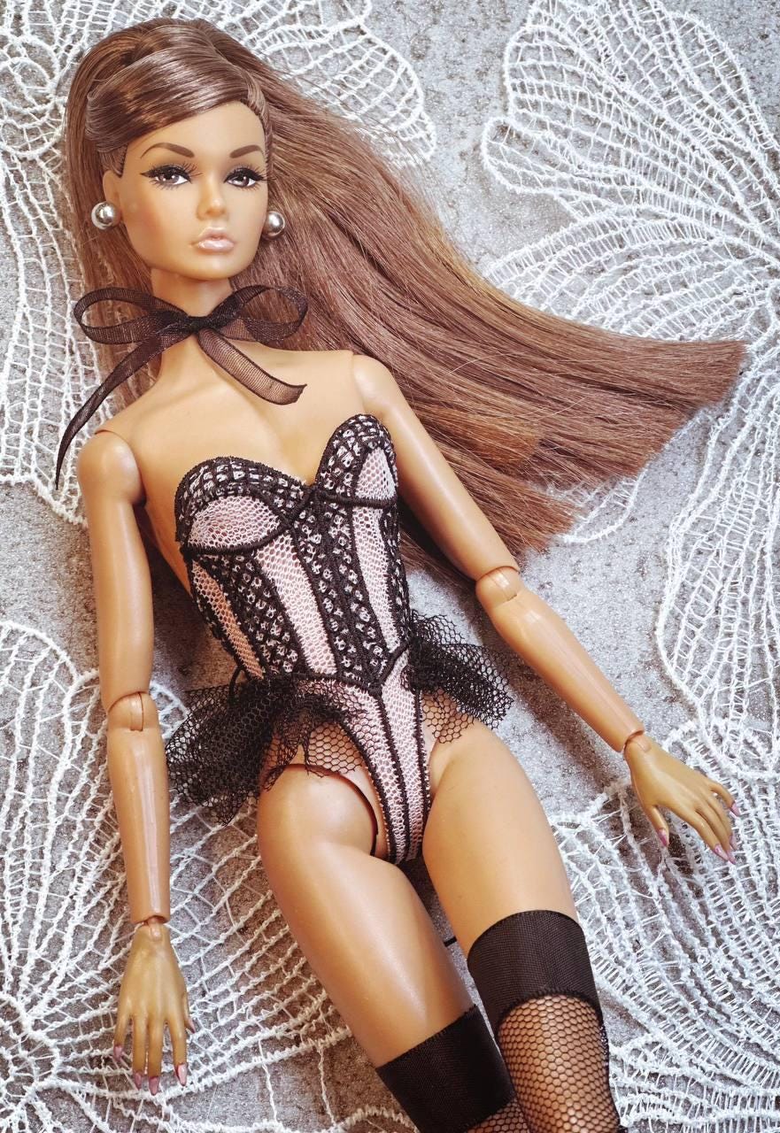 Elegant lingerie sets for Fashion Royalty, Nu Face, and Poppy Parker dolls. Body corset with stockings