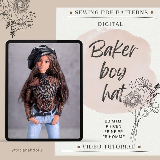 PDF Digital Pattern baker boy hat for BB &amp; Integrity toys and Fr HOMME dolls. Video tutorial.