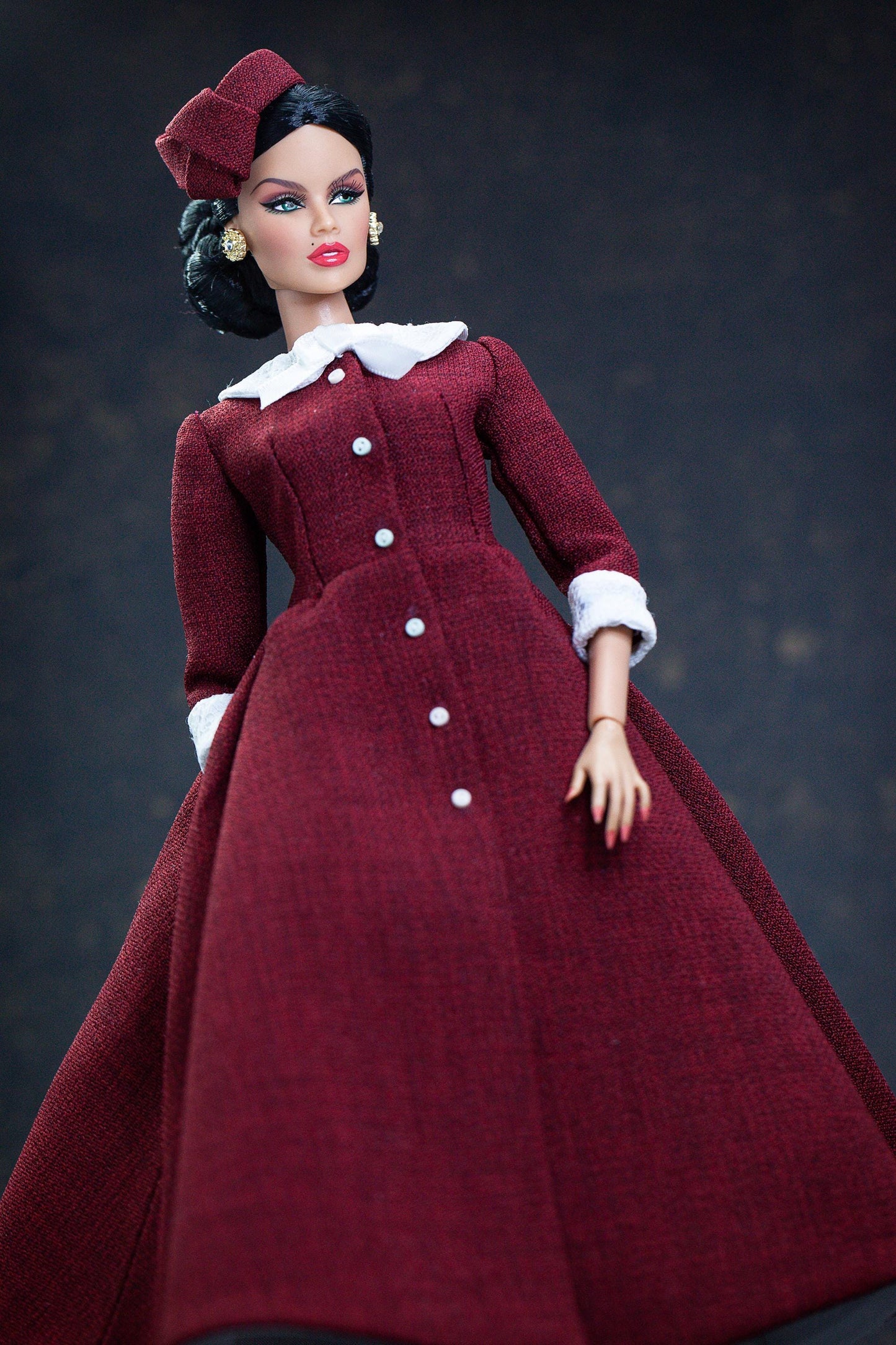 Christmas dress with hat for Integrity Toys Poppy Parker Fashion Royalty Nu Face Tulabelle dolls.