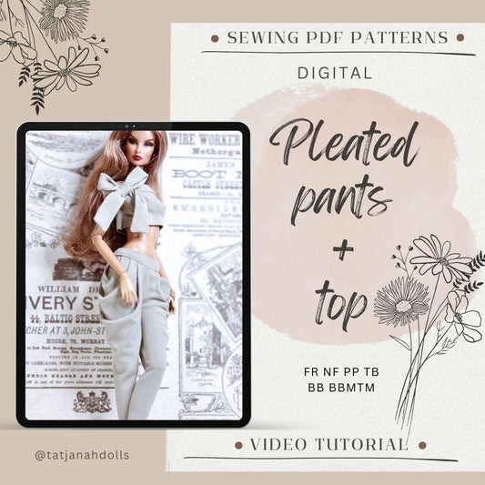 PDF Digital Pattern pleated pants and top for BB &amp; Integrity toys dolls. VIDEO tutorial.