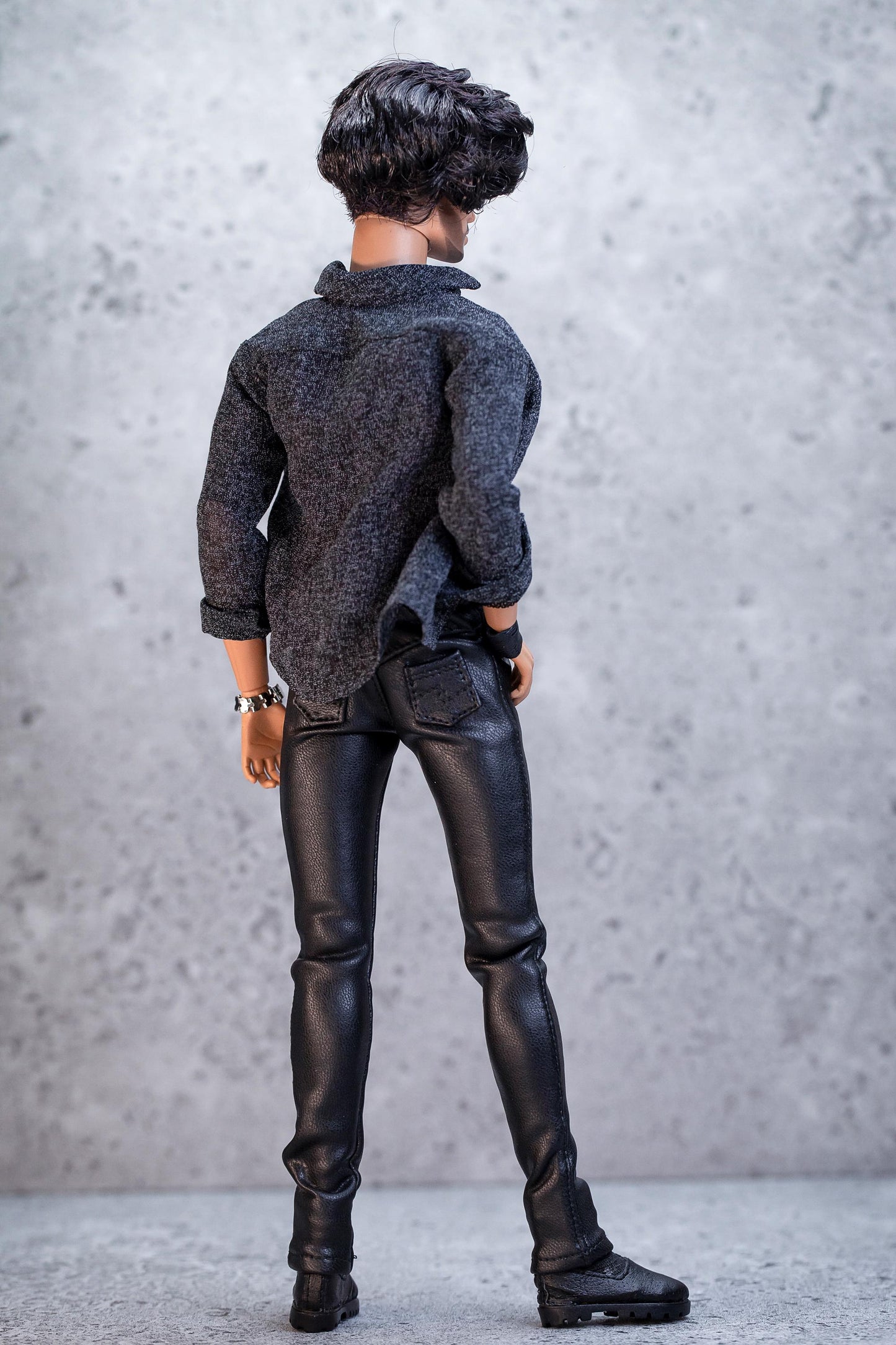 Leather outfit for FR Homme Integrity Toys male doll. Pants, mesh top, and shirt.