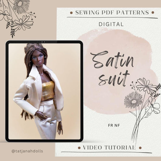 PDF Digital Pattern Satin suit blazer, pants with pockets for Fashion Royalty Nu Face doll Integrity toys. VIDEO tutorial.