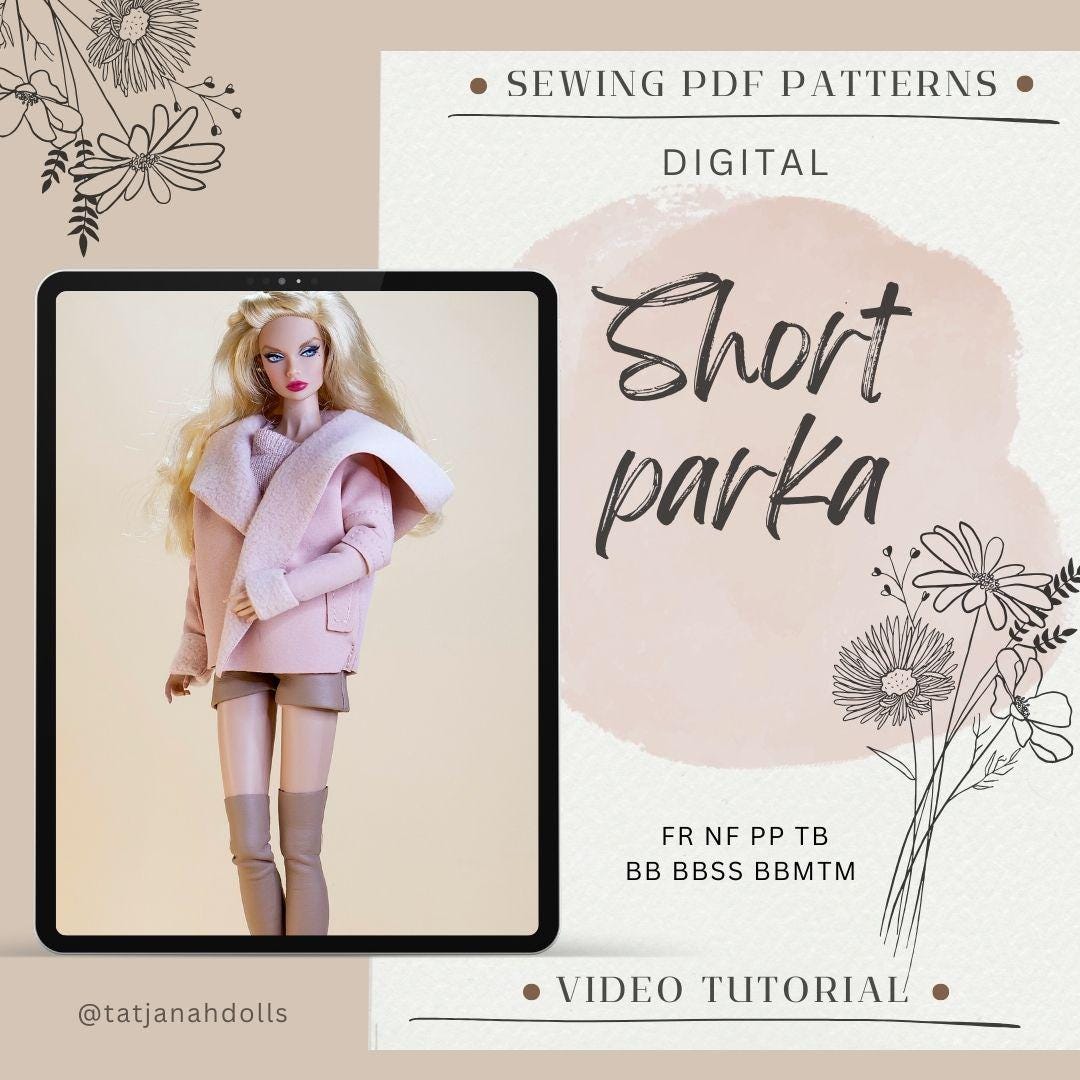 PDF Digital Pattern short parka jacket for BB &amp; Integrity toys dolls. VIDEO tutorial.