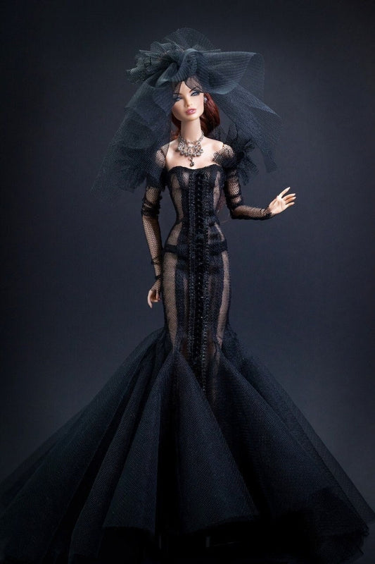 Black evening dress for Integrity toys Fashion Royalty Nu Face Poppy Parker dolls.