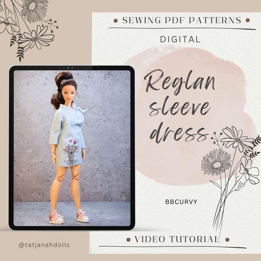 PDF Digital Pattern reglan sleeve dress dress for BB MTM Curv. dolls. Video tutorial.