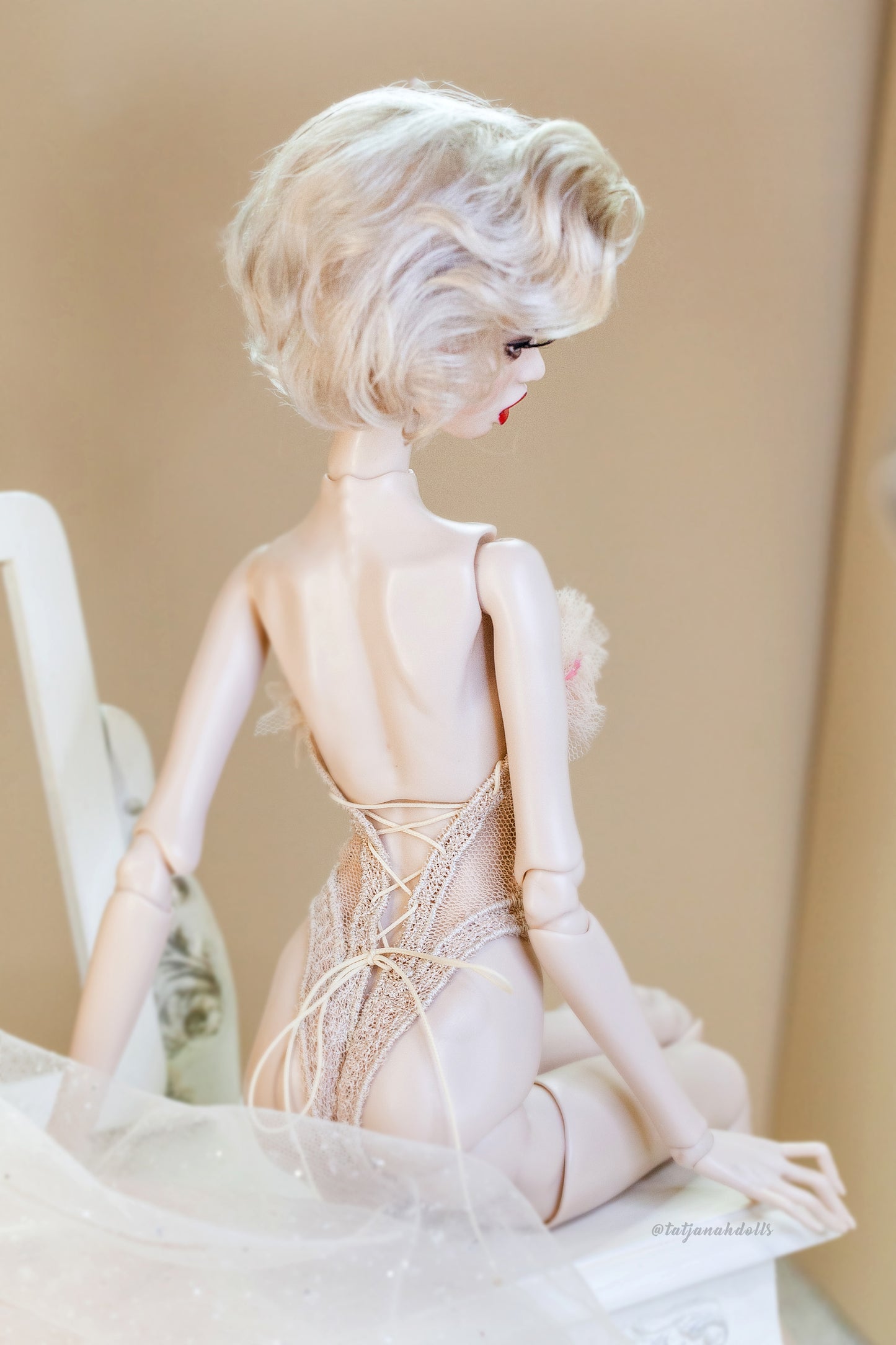 Edle Dessous für Popovy Sisters & Recast Puppen. Body Lingerie Corsage mit Strumpfband und Morgenmantel