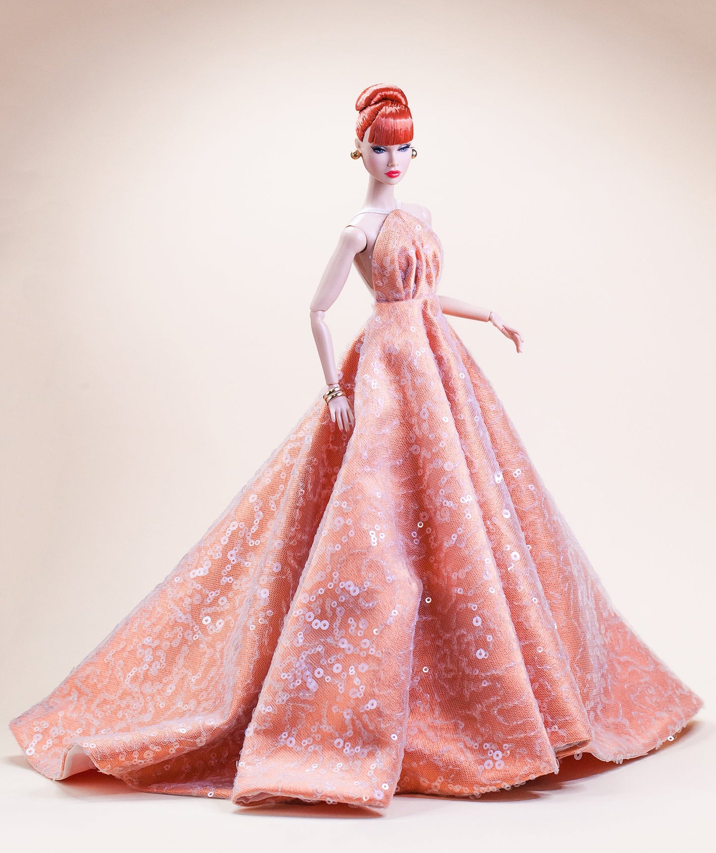 Peach glitter dress for Integrity toys Fashion Royalty Nu Face Poppy Parker dolls.