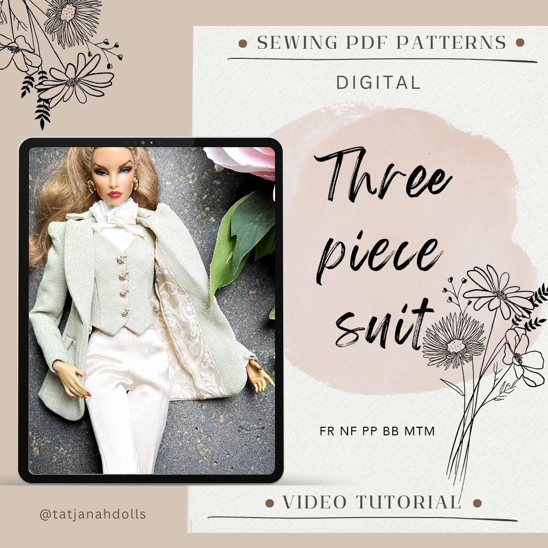 PDF Digital Pattern three piece suit Fashion Royalty Nu Face and BB dolls Integrity toys. VIDEO tutorial.