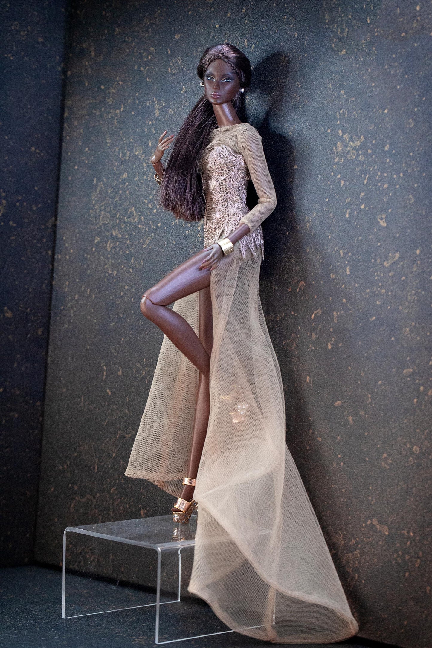 Illusion naked nude dress with embroidery in black or beige for Fashion Royalty/ Nu Face Integrity Toys dolls – scale 1:6